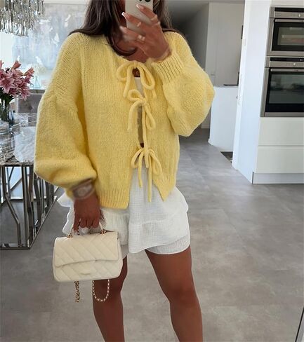 Women Knitted Tie Front Cardigan Tops Casual Knitwear Top Long Sleeve Open Front Baggy Sweater Y2k Girls Outwear in Saudi Arabia