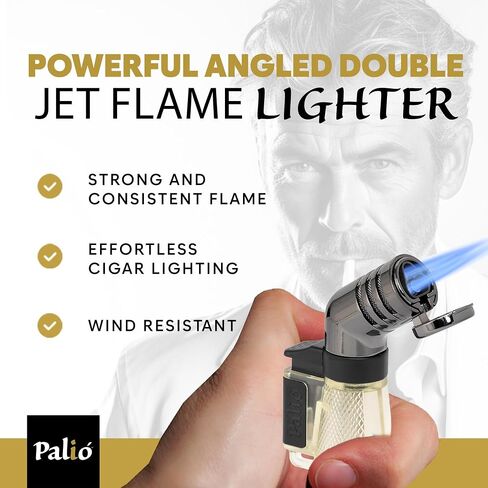 Palió Squadra Angled Triple-Jet Butane Torch Lighter, Clear - Wind Resistant, Refillable Butane Cigar Lighter, Easy Flame Adjuster, Extra-Large Fuel Tank, High Altitude Tested - Lights 100 Cigars in Saudi Arabia