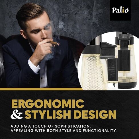 Palió Squadra Angled Triple-Jet Butane Torch Lighter, Clear - Wind Resistant, Refillable Butane Cigar Lighter, Easy Flame Adjuster, Extra-Large Fuel Tank, High Altitude Tested - Lights 100 Cigars in Saudi Arabia
