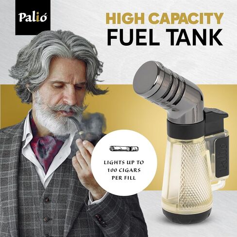 Palió Squadra Angled Triple-Jet Butane Torch Lighter, Clear - Wind Resistant, Refillable Butane Cigar Lighter, Easy Flame Adjuster, Extra-Large Fuel Tank, High Altitude Tested - Lights 100 Cigars in Saudi Arabia