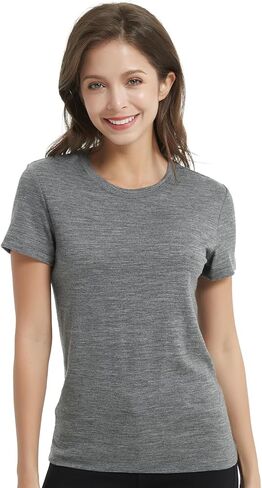 MERIGREENY Women's 100% Merino Wool T Shirts, Lightweight Base Layer, Anti-Odor Athletic Casual Tops for Running Hiking Gym, Grey, M in Saudi Arabia