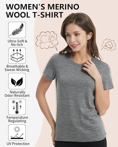 MERIGREENY Women's 100% Merino Wool T Shirts, Lightweight Base Layer, Anti-Odor Athletic Casual Tops for Running Hiking Gym, Grey, M in Saudi Arabia