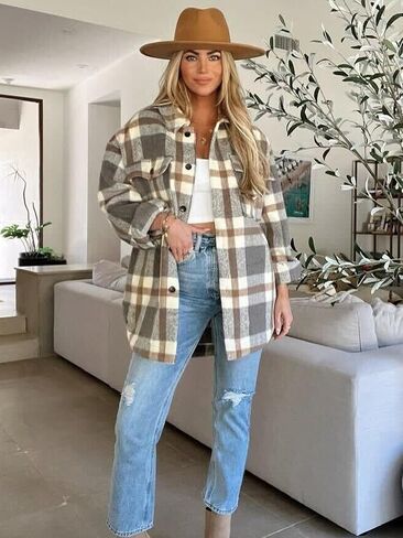 Moss Rose Womens Casual Plaid Shackets Button Down Long Sleeve Jacket Coats Shirts in Saudi Arabia
