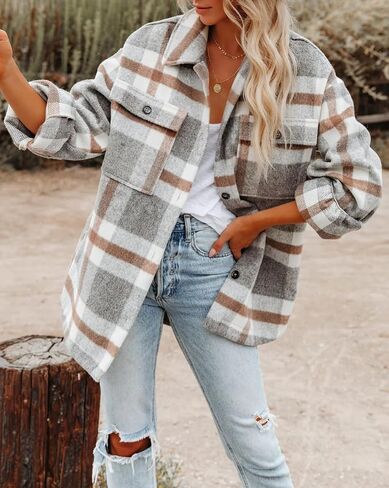 Moss Rose Womens Casual Plaid Shackets Button Down Long Sleeve Jacket Coats Shirts in Saudi Arabia