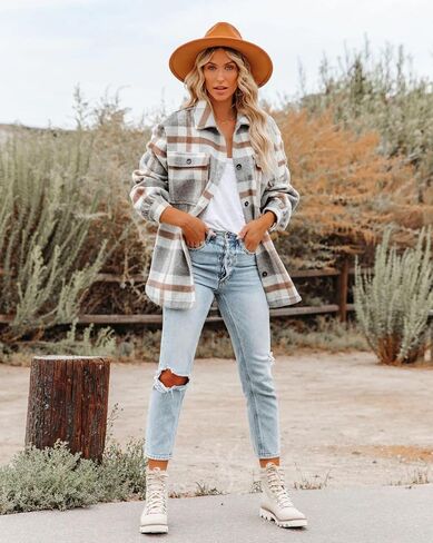 Moss Rose Womens Casual Plaid Shackets Button Down Long Sleeve Jacket Coats Shirts in Saudi Arabia