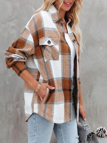 Moss Rose Womens Casual Plaid Shackets Button Down Long Sleeve Jacket Coats Shirts in Kuwait