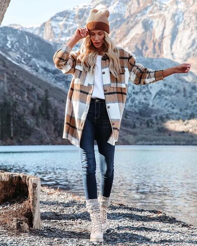 Moss Rose Womens Casual Plaid Shackets Button Down Long Sleeve Jacket Coats Shirts in Kuwait