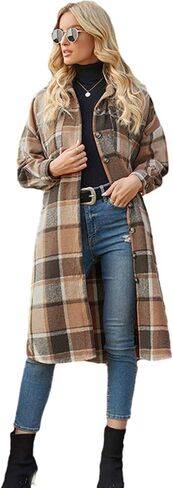 سترة نسائية كاجوال من PUWEI ذات طية صدر السترة وأزرار سفلية طويلة منقوشة ومعطف تارتان in Kuwait