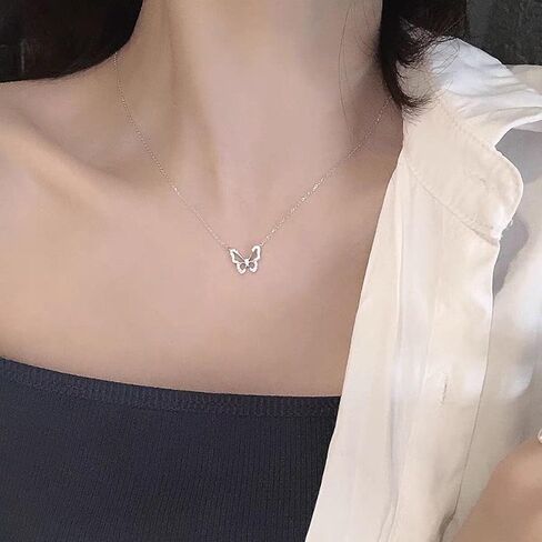 Boho Crystal Butterfly Choker Necklace Outline Butterfly Pendant Necklace Hollow Butterfly Clavicle Necklace Silver Cz Butterfly Necklace Jewelry for Women(Silver) in Saudi Arabia