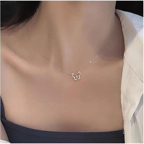 Boho Crystal Butterfly Choker Necklace Outline Butterfly Pendant Necklace Hollow Butterfly Clavicle Necklace Silver Cz Butterfly Necklace Jewelry for Women(Silver) in Saudi Arabia