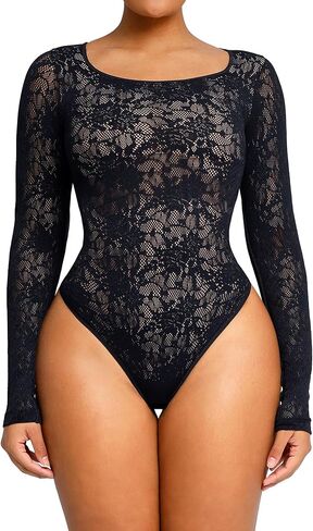 بدلة للجسم من الدانتيل من SHAPELLX للنساء للتحكم في البطن وأكمام طويلة ملابس داخلية ضيقة للجسم ورقبة مربعة للخروج in Kuwait