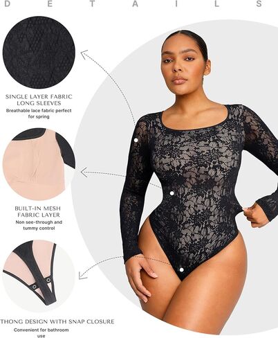 بدلة للجسم من الدانتيل من SHAPELLX للنساء للتحكم في البطن وأكمام طويلة ملابس داخلية ضيقة للجسم ورقبة مربعة للخروج in Kuwait