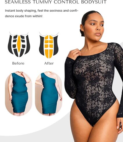 بدلة للجسم من الدانتيل من SHAPELLX للنساء للتحكم في البطن وأكمام طويلة ملابس داخلية ضيقة للجسم ورقبة مربعة للخروج in Kuwait