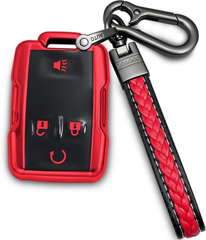 for chevrolet key fob cover with metal/leather keychain,TPU 4 Buttons Key case,compatible with Colorado Silverado Suburban Tahoe Silverado Remote smart Key,car Key Accessories,Red in Saudi Arabia