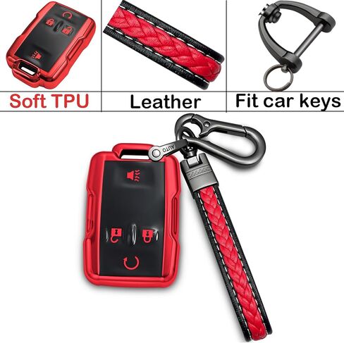 for chevrolet key fob cover with metal/leather keychain,TPU 4 Buttons Key case,compatible with Colorado Silverado Suburban Tahoe Silverado Remote smart Key,car Key Accessories,Red in Saudi Arabia