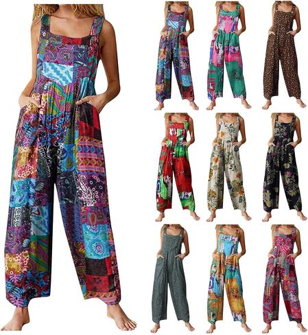 Womens Overalls Casual Floral Print Sleeveless Jumpsuit Plus Size High Waist Wide Leg Romper Jumpsuits with Pockets in Saudi Arabia