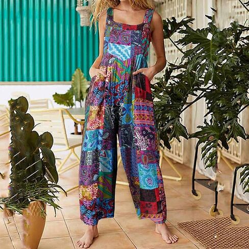 Womens Overalls Casual Floral Print Sleeveless Jumpsuit Plus Size High Waist Wide Leg Romper Jumpsuits with Pockets in Saudi Arabia