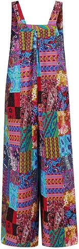 Womens Overalls Casual Floral Print Sleeveless Jumpsuit Plus Size High Waist Wide Leg Romper Jumpsuits with Pockets in Saudi Arabia