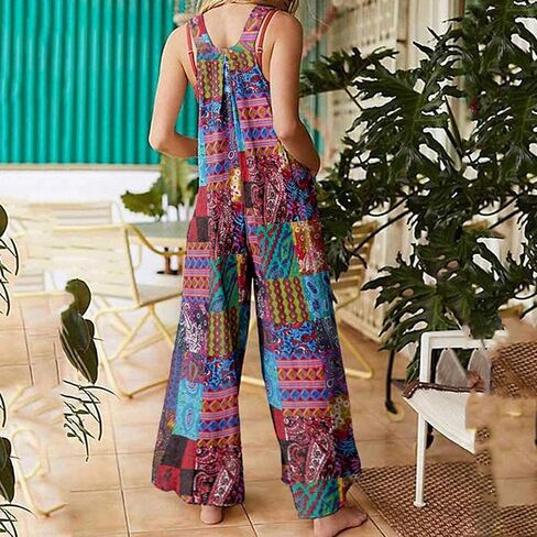 Womens Overalls Casual Floral Print Sleeveless Jumpsuit Plus Size High Waist Wide Leg Romper Jumpsuits with Pockets in Saudi Arabia
