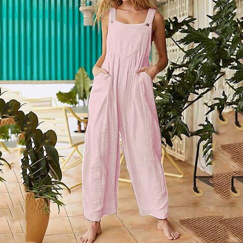 Womens Overalls Casual Floral Print Sleeveless Jumpsuit Plus Size High Waist Wide Leg Romper Jumpsuits with Pockets in Saudi Arabia