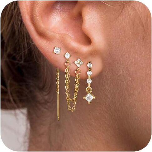 Moodear Gold Dangle Earrings 3/4 Pairs Dainty 14K Gold Plated Chain Earrings for Women Trendy Earring Stacks Set Cubic Zirconia Pearl Hoop Stud Hypoallergenic Earrings for Women Jewelry Gifts in Kuwait