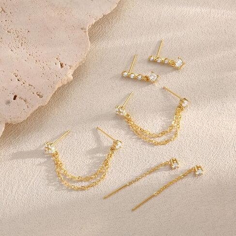 Moodear Gold Dangle Earrings 3/4 Pairs Dainty 14K Gold Plated Chain Earrings for Women Trendy Earring Stacks Set Cubic Zirconia Pearl Hoop Stud Hypoallergenic Earrings for Women Jewelry Gifts in Kuwait