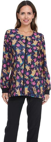 سترة سكوبي دو النسائية المطبوعة بالكامل مع سحاب وجيوب - زي عمل مريح in Kuwait