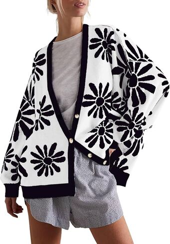 Tanou Womens Floral Cardigan Button Down Long Sleeve Open Front Knit Sweaters in Saudi Arabia