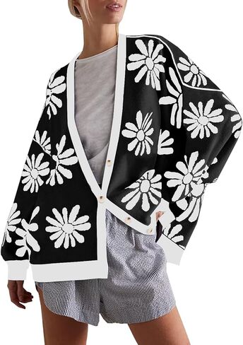 Tanou Womens Floral Cardigan Button Down Long Sleeve Open Front Knit Sweaters in Saudi Arabia