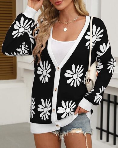 Tanou Womens Floral Cardigan Button Down Long Sleeve Open Front Knit Sweaters in Saudi Arabia