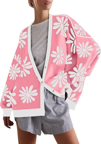 Tanou Womens Floral Cardigan Button Down Long Sleeve Open Front Knit Sweaters in Saudi Arabia