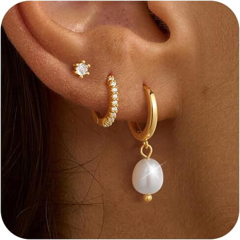 3 Pairs Gold Earrings for Women Trendy Pearl Hoop Earrings 14K Gold Huggie Earrings Set Dainty Cubic Zirconia Stud Earrings Hypoallergenic Lightweight Cartilage Earrings Jewelry for Women in Kuwait