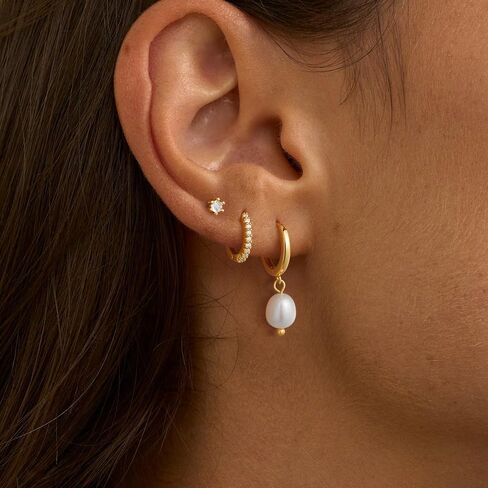3 Pairs Gold Earrings for Women Trendy Pearl Hoop Earrings 14K Gold Huggie Earrings Set Dainty Cubic Zirconia Stud Earrings Hypoallergenic Lightweight Cartilage Earrings Jewelry for Women in Kuwait