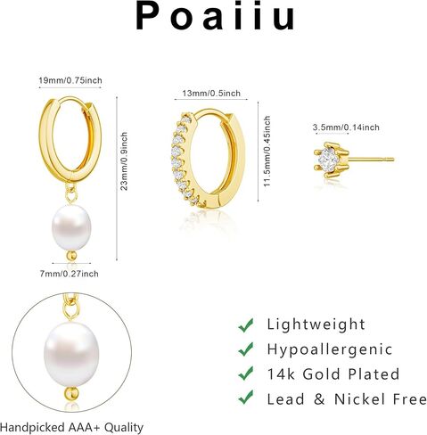 3 Pairs Gold Earrings for Women Trendy Pearl Hoop Earrings 14K Gold Huggie Earrings Set Dainty Cubic Zirconia Stud Earrings Hypoallergenic Lightweight Cartilage Earrings Jewelry for Women in Kuwait
