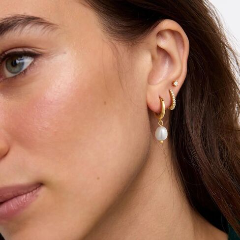3 Pairs Gold Earrings for Women Trendy Pearl Hoop Earrings 14K Gold Huggie Earrings Set Dainty Cubic Zirconia Stud Earrings Hypoallergenic Lightweight Cartilage Earrings Jewelry for Women in Kuwait