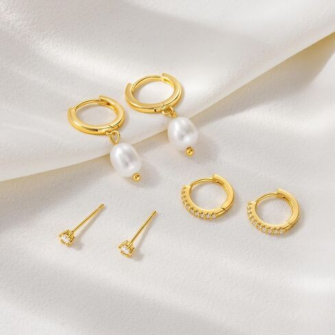 3 Pairs Gold Earrings for Women Trendy Pearl Hoop Earrings 14K Gold Huggie Earrings Set Dainty Cubic Zirconia Stud Earrings Hypoallergenic Lightweight Cartilage Earrings Jewelry for Women in Kuwait