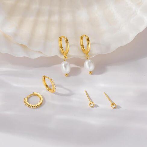3 Pairs Gold Earrings for Women Trendy Pearl Hoop Earrings 14K Gold Huggie Earrings Set Dainty Cubic Zirconia Stud Earrings Hypoallergenic Lightweight Cartilage Earrings Jewelry for Women in Kuwait