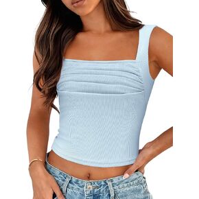 Zeagoo Women's Sleeveless Crop Tops Pleated Square Neck Ribbed Y2K Tank Top Summer Fitted Going Out Tops