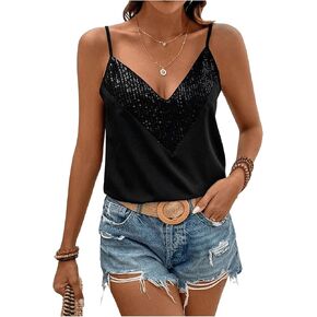 MakeMeChic Women's Casual Glitter Sequin Spaghetti Strap Camisole Sleeveless Summer Tank Cami Tops