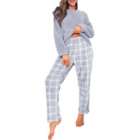 SOLY HUX Women's Pajama Set Fuzzy Long Sleeve Tee Tops and Plaid Pants Loungewear Sleepwear in Kuwait