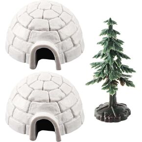 LOGOFUN Christmas Miniature Village Accessories Artificial Ice House Figurine and Xmas Tree Model Realistic Ice House Ornaments for Xmas Desktop Decor