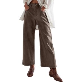 Leather Barrel Pants for Women High Waist Wide Leg PU Faux Leather Trousers Pants with Pockets
