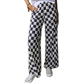 Women Checkered Pants Y2K High Waist Wide Leg Loose Fitted Gingham Lounge Pants Hip Hop Trouser Vintage Streetwear