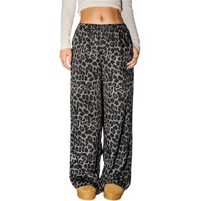 Women's Y2k Leopard Print Wide Leg Pants Drawstring Low Waist Loose Trousers