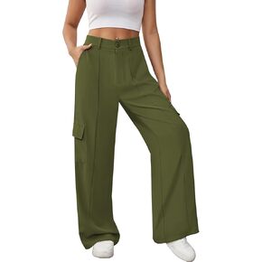 Pink Queen Women High Waisted Wide Leg Cargo Pants Button Down Loose Casual Trendy Work Trousers with 4 Pockets
