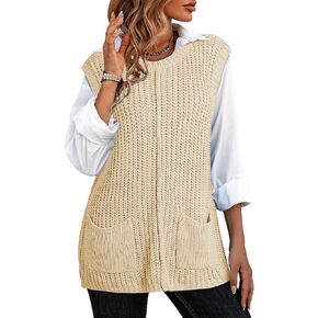 Pink Queen Women's Oversized Crewneck Knit Sweater Vest 2024 Casual Sleeveless Preppy Tunic Pullover Tank Top with Pockets