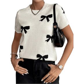 GORGLITTER Women's Bow Sweater Short Sleeve Crewneck Knit Tops Fall Fashion 2024