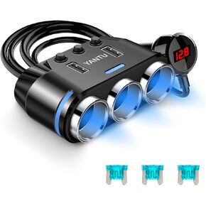 YANTU Cigarette Lighter Adapter,150W 3- Socket Cigarette Lighter Splitter with Blue Lights, 3.3FT Cable,12V Car Adapter for Plug Outlet,Dual USB Ports, On/Off Switches for Phone GPS Dash Cam and More