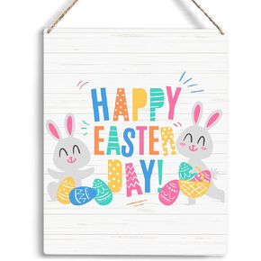 Funny Happy Easter Day Wood Sign Rustic Easter Egg and Rabbits Wooden Hanging Plaque for Home Living Room Bedroom Wall Art Decoration 8 x 10 Inches Present