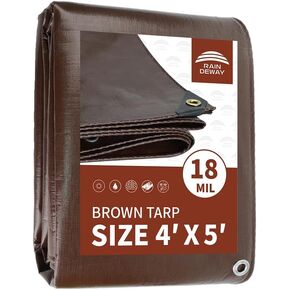 RAINDEWAY 4x20 Feet Super Heavy Duty Tarp 18 Mil, UV Resistant, Weatherproof, Multipurpose Waterproof Poly Tarp with Grommets and Reinforced Edges, Brown/Gray Tarp